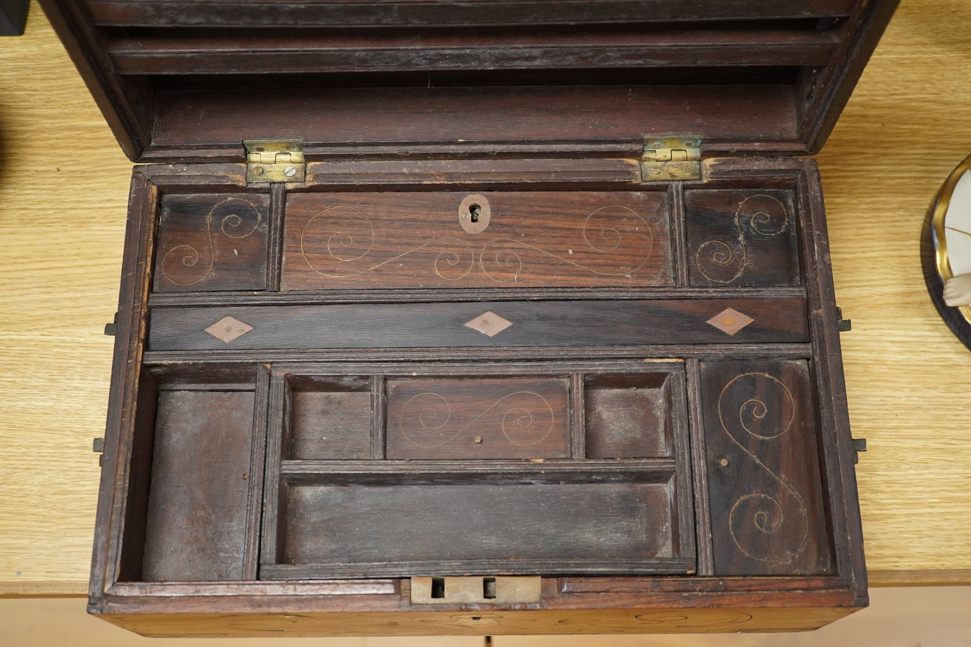A 19th century brass inlay rosewood writing box an mahogany writing box, 42cm wide x 18cm high